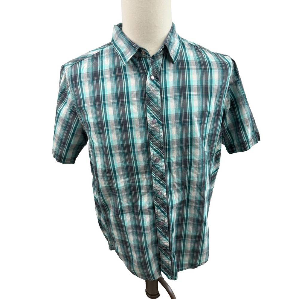 Prana Mens Teal Grey Plaid Short Sleeve Button Down Hiking Shirt Medium